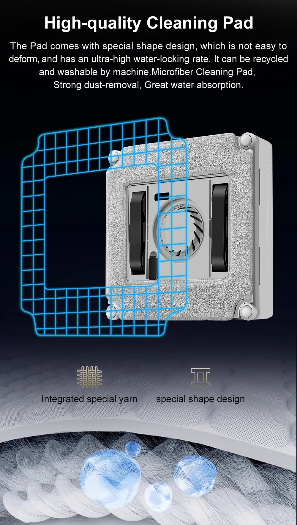 A diagram features a high-quality cleaning pad uniquely shaped and highlighted by a grid, detailing its durable, recyclable microfiber material ideal for dust removal. Perfectly compatible with ABIR WD8 Robot Window Vacuum, it seamlessly integrates into smart home systems.