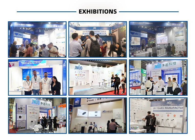 A collage of nine exhibition photos displays booths with banners and interactive technology or manufacturing themes. Highlights include advanced filtration systems and the JNUO H13 HEPA Air Purifier for Smoke and Aromatherapy, emphasizing clean air solutions.