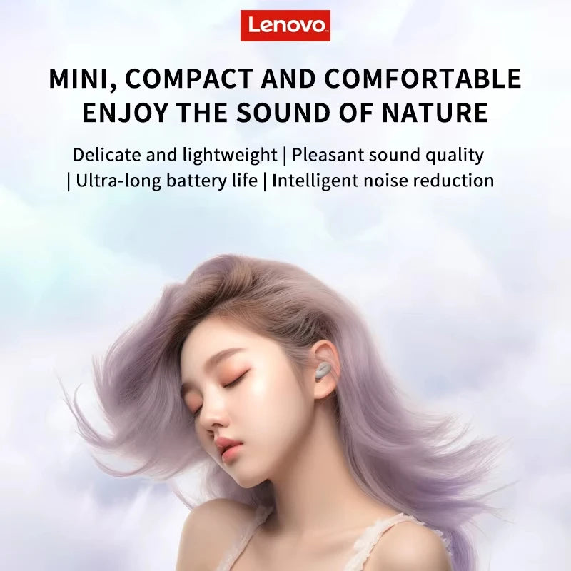 In a promotional image for Lenovo XT62 Bluetooth Earphones, a serene woman wears the earbuds with her eyes closed. Features highlighted: Delicate and lightweight, Pleasant sound quality, Ultra-long battery life, Intelligent noise reduction. The Lenovo logo is prominently displayed at the top.