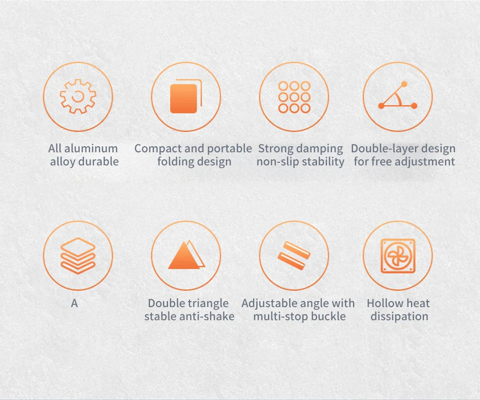 An infographic with eight circular icons showcases features of the Adjustable Aluminum Laptop Stand for Comfort and Portability: durability, portability, non-slip stability, ergonomic comfort, adjustable folding design, and heat dissipation with orange outlines on a light background.