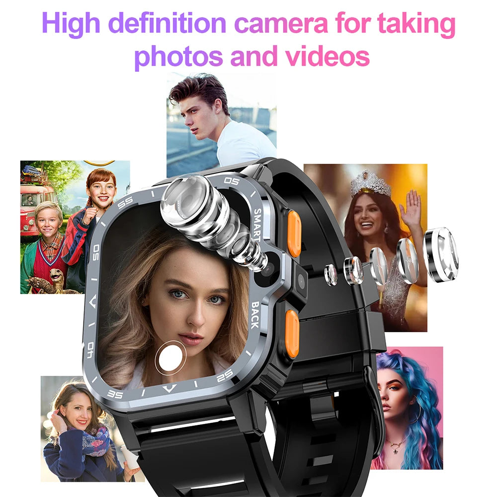 The Valdus PGD Smart Watch for Men displays a camera lens graphic, emphasizing its dual camera feature. Surrounding images of people showcase its high-definition capabilities and 4G wearable technology for capturing photos and videos.