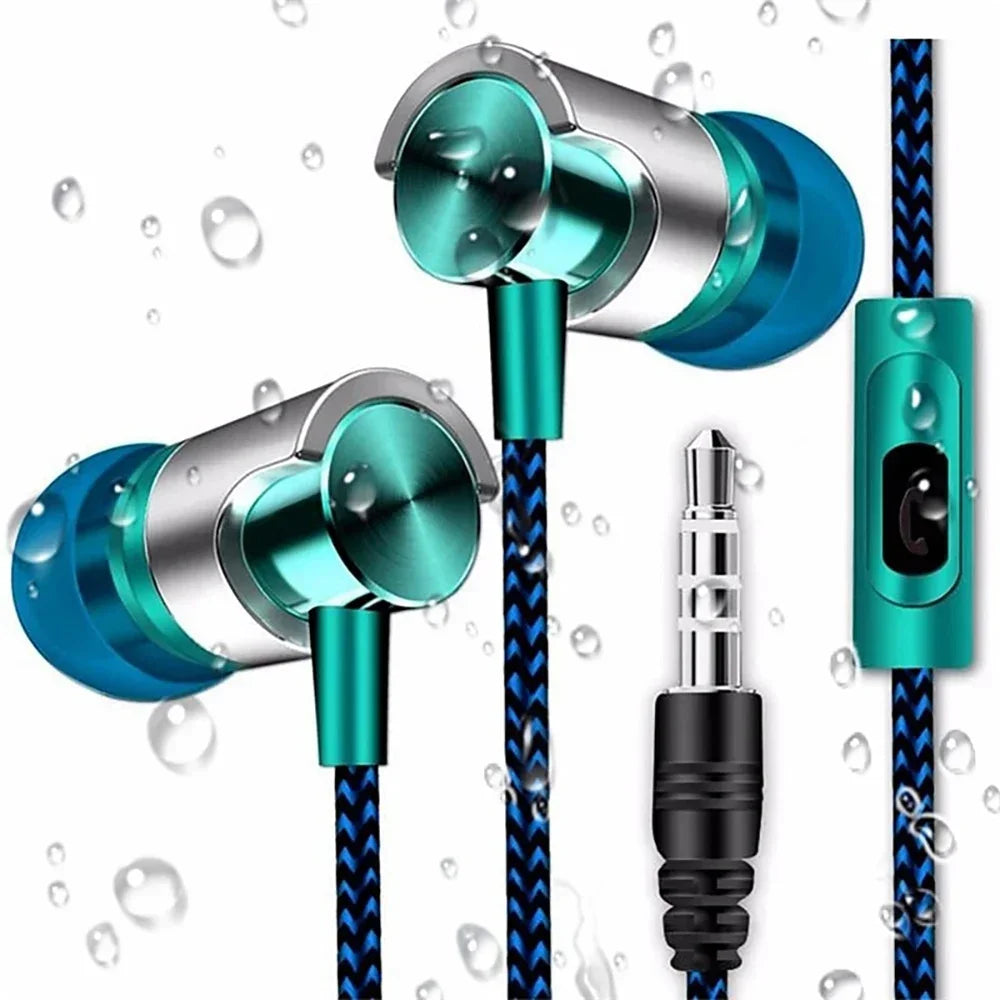 The VIKEFON Noise Cancelling Wired Earphones, featuring a metallic blue and silver design, are shown with water droplets implying water resistance. They offer an ergonomic fit for comfort, include a braided cable with in-line control and a 3.5mm jack, ensuring superior sound quality for immersive music experiences.