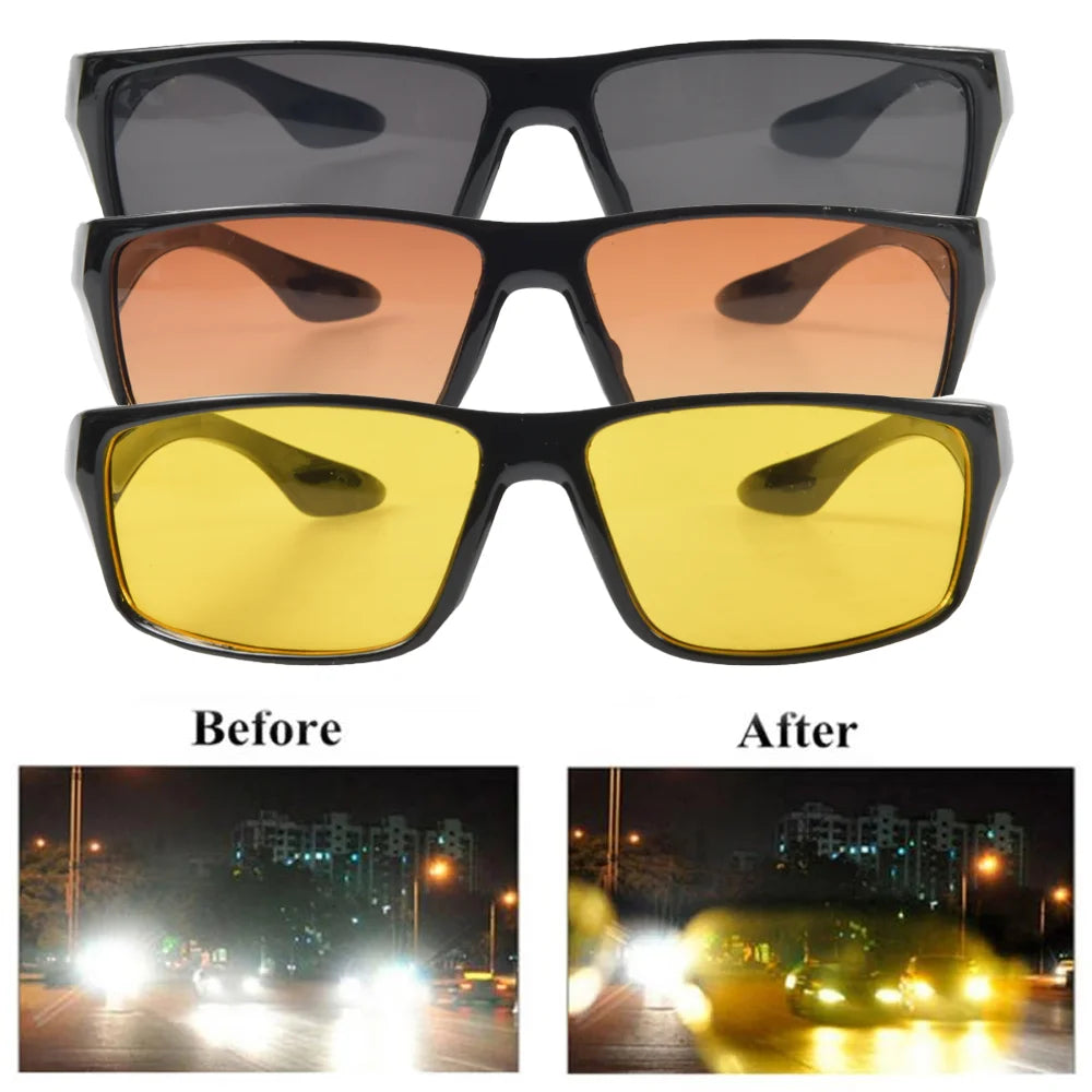 The Anti-Glare Night Vision Goggles for Clear Visibility come in black frames with three lens tints: gray, brown, and yellow. Before-and-after nighttime street images demonstrate how they enhance clarity and reduce glare effectively.