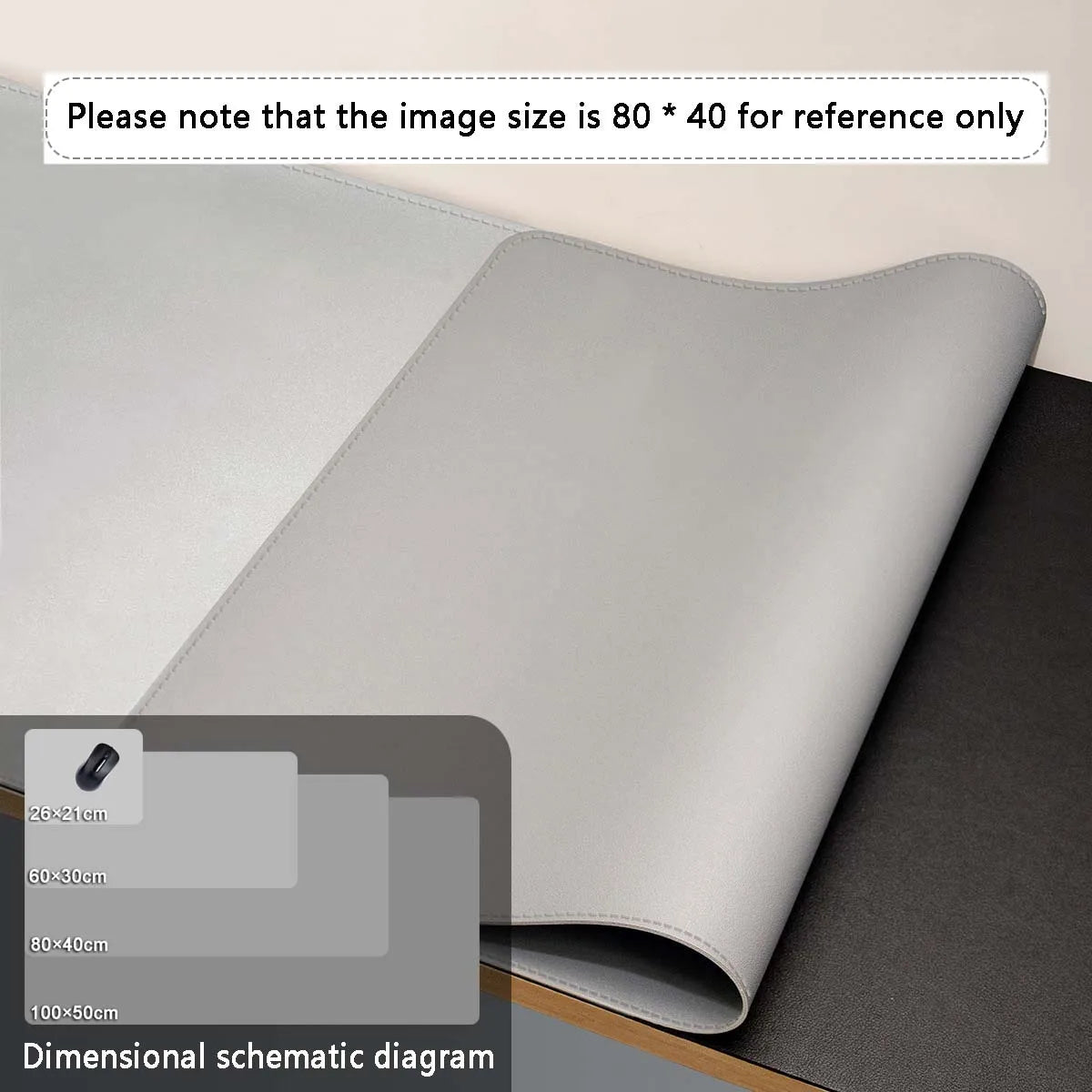 A partially unrolled AIPHY Large PU Leather Mouse Pad - Stylish Waterproof Mat sits on a surface. In the corner, a diagram shows size options: 26x21cm, 60x30cm, 80x40cm, and 100x50cm. A note reveals the image displays the 80x40 size for reference.