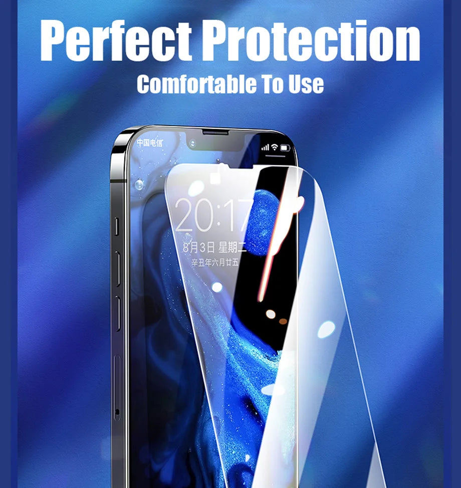 The YKSPACE 2Pcs Anti Blue-Ray Tempered Glass Screen Protector is applied to a smartphone. The blue background displays Perfect Protection Comfortable To Use. Eye Care Technology protects your eyes; the phone screen shows the time and Chinese text.