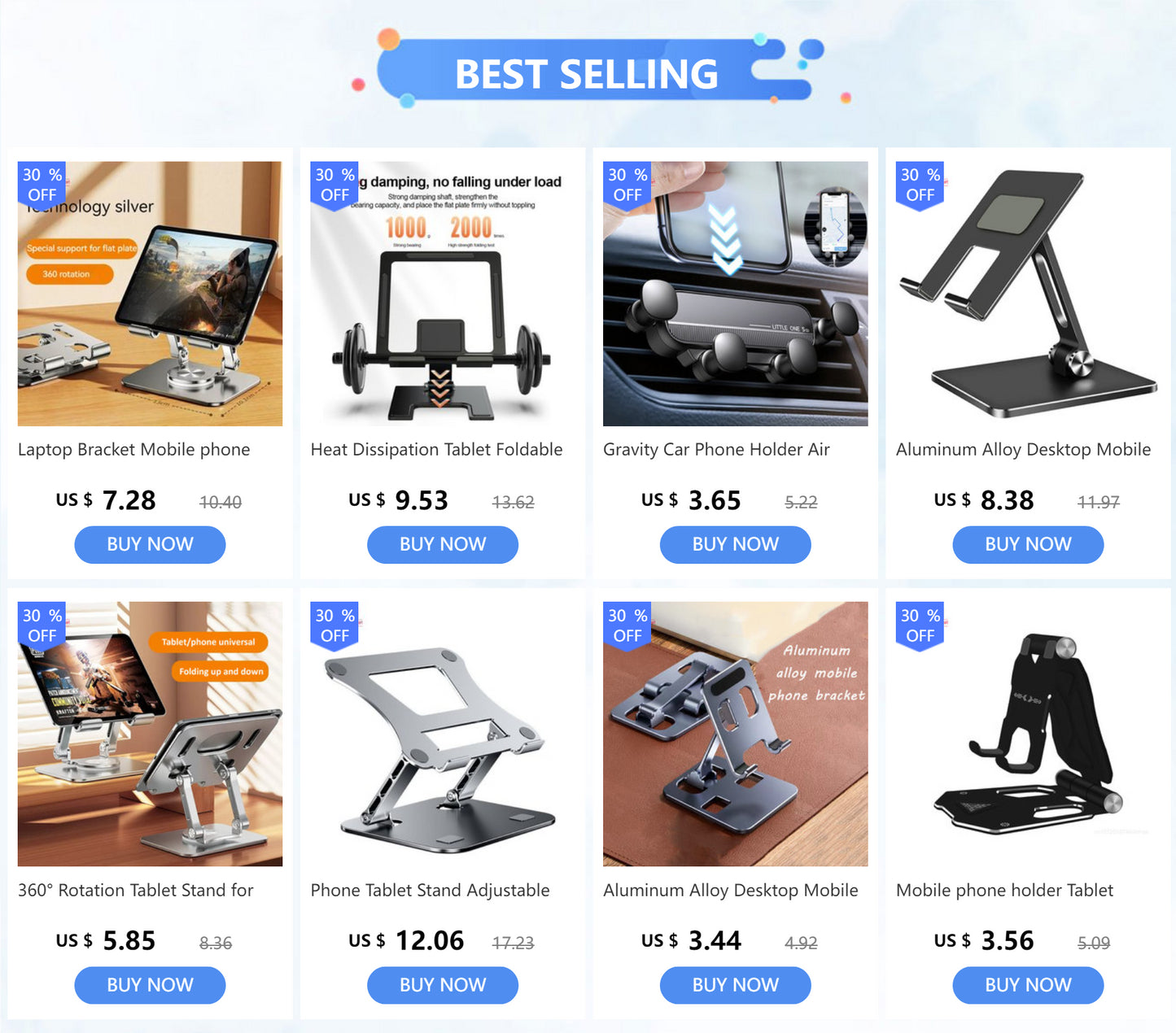 A grid displays eight images of phone, tablet, and laptop stands with prices and BUY NOW buttons. Featuring 30% OFF labels, these ergonomic portable holders are crafted from aluminum alloy and vary in adjustable, foldable, or car holder designs. Top banner: BEST SELLING.