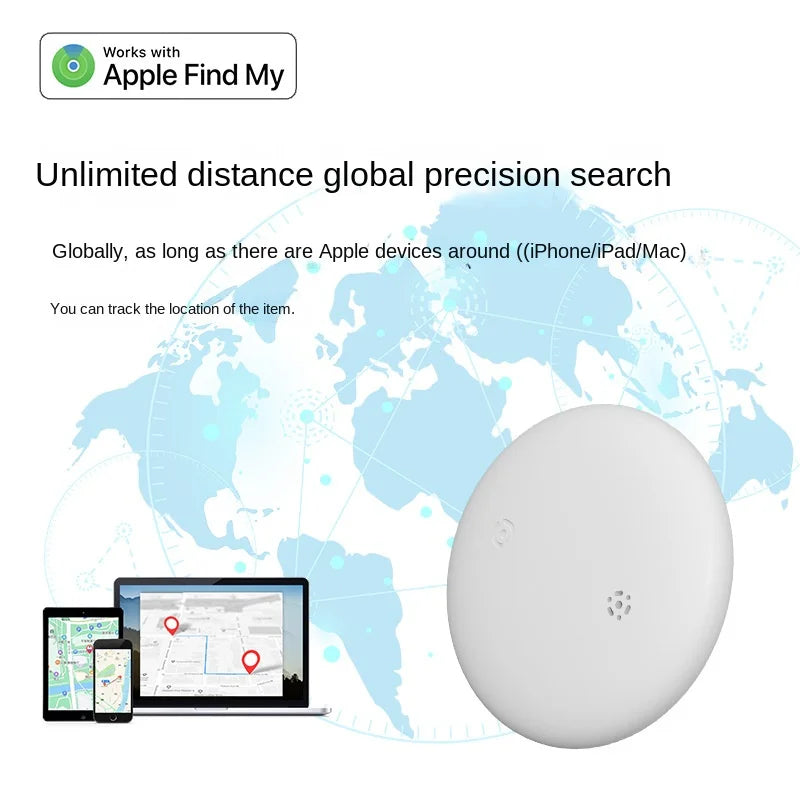 A promotional image for the NoEnName GPS Tracker - Bluetooth Locator for Pets shows a globe background, highlighting Apple Find My App compatibility for global precision. Devices display maps on-screen with a sleek, white, oval-shaped tracker prominently in the foreground.