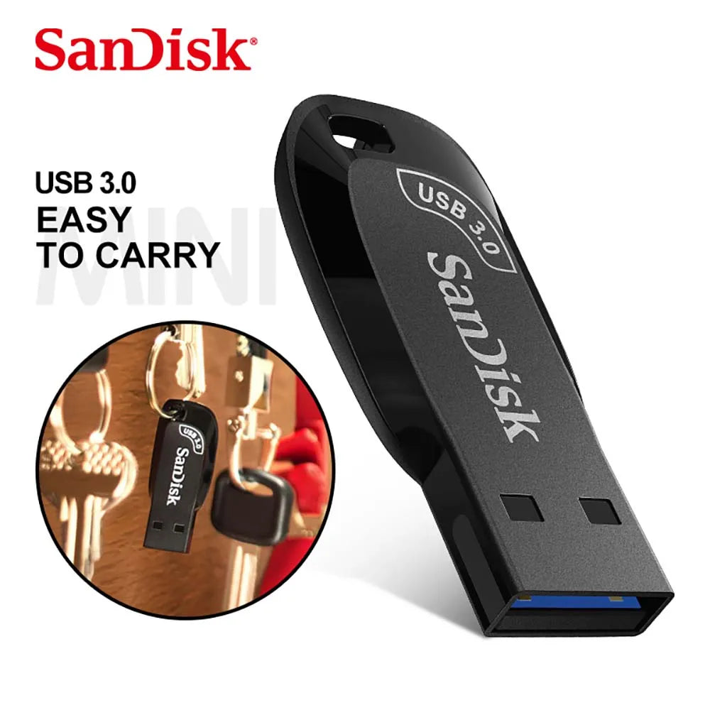 The SanDisk USB 3.0 Flash Drive - High-Speed Compact Storage, with EASY TO CARRY on a white background, is shown standalone and on a keyring. Enjoy swift data transfer with this durable storage solution.