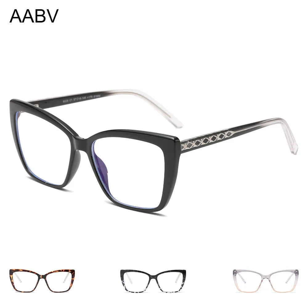 The image features five pairs of glasses. The main pair is black with patterned cat eye arms. Below are four similar styles in tortoiseshell, black, translucent, and white frames. AABV text appears in the top left corner. Product: AABV Womens Cat Eye Bifocal Reading Glasses - Stylish Clarity.