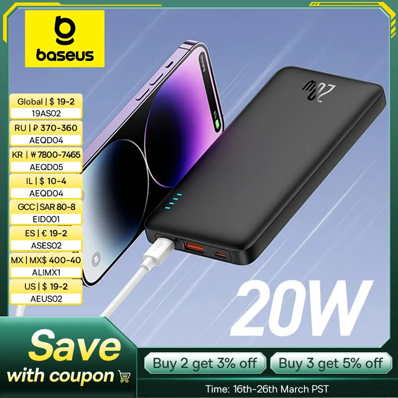 The Baseus Airpow 20W Power Bank 10000mAh charges your smartphone fast, showcasing its power on a sleek digital screen. Enjoy exclusive discounts and coupon codes for multiple purchases between March 16th and 26th.