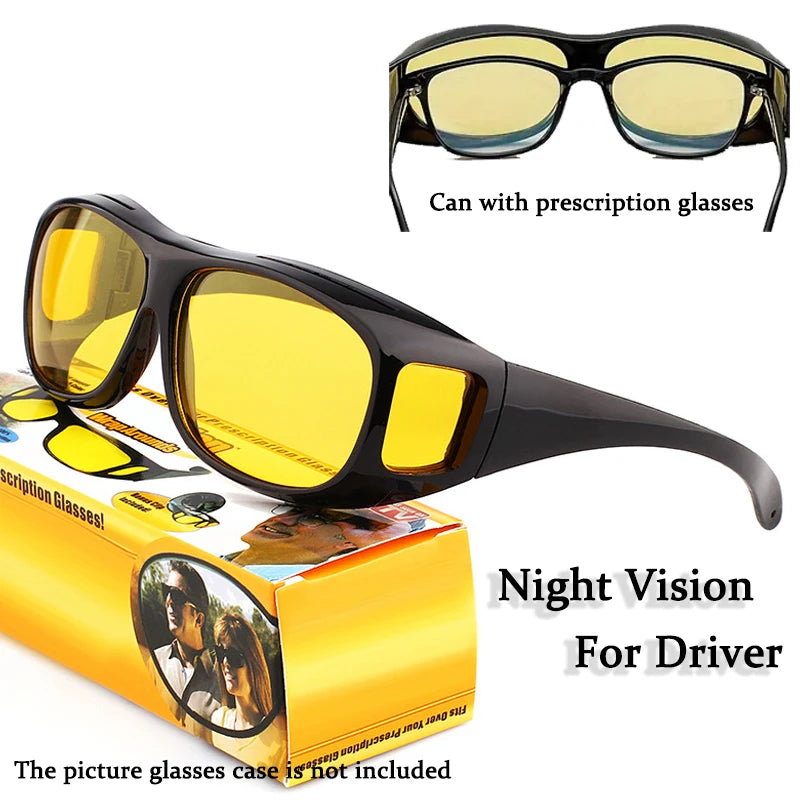 Displayed with its box, the NoEnName Night Vision Glasses - Anti-Glare Driving combine style and function with black frames and yellow lenses. An inset shows their fit over prescription glasses. The packaging is visible.