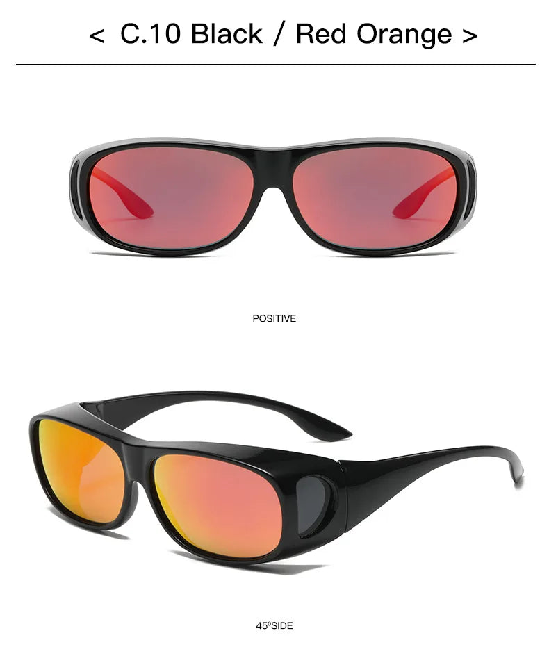 MOKDUFF Polarized Sunglasses feature black frames, red-orange UV400 lenses, and can be worn alone or as Fit Over Glasses. Image includes labeled views: Positive for the front and 45° Side for the profile. The text C.10 Black / Red Orange is displayed at the top.