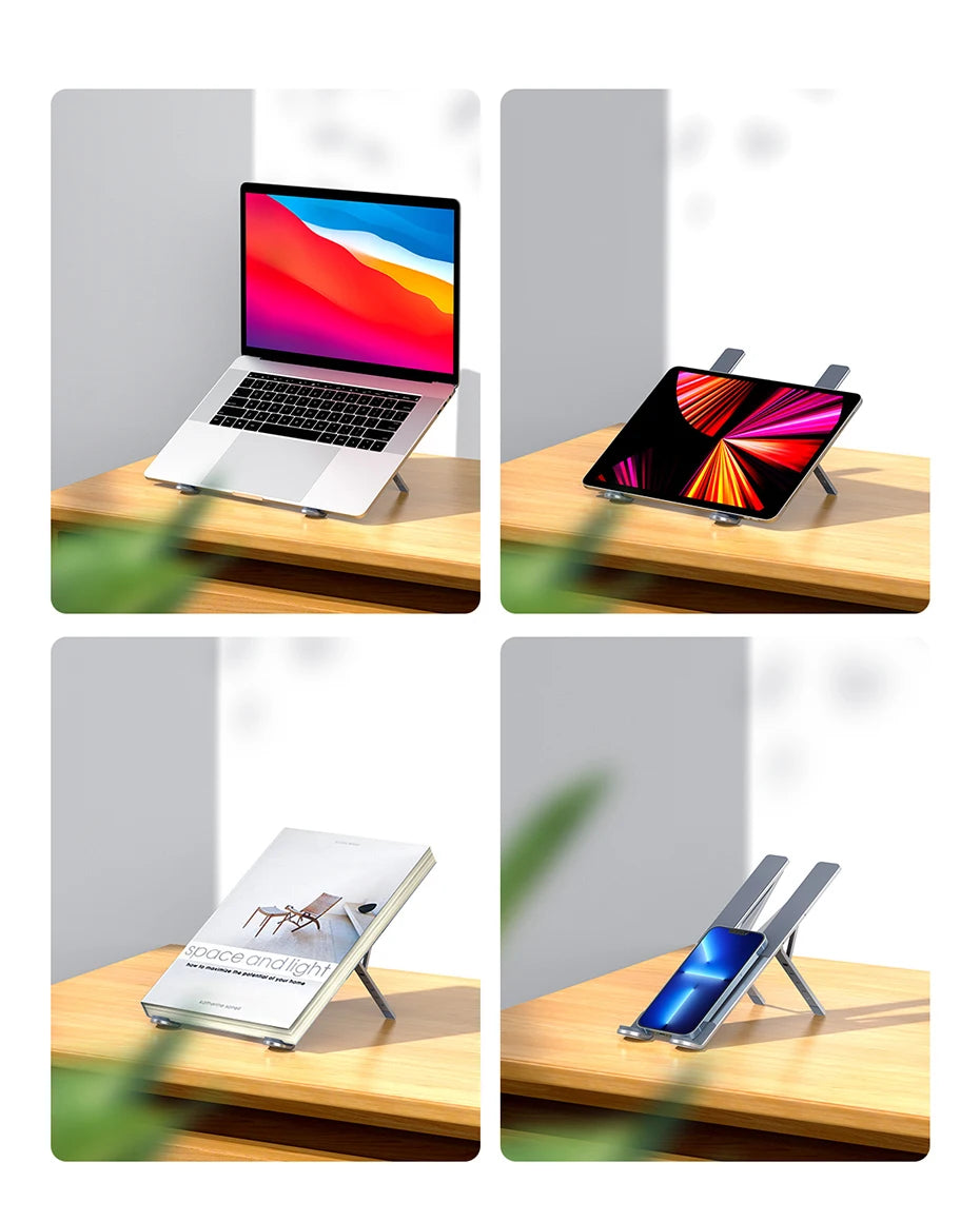 Four images show the UGREEN Laptop Stand - Adjustable Foldable Aluminum: supporting a laptop, a tablet in landscape mode, an open book, and a smartphone in portrait. This ergonomic stand with adjustable height sits elegantly on a wooden desk.
