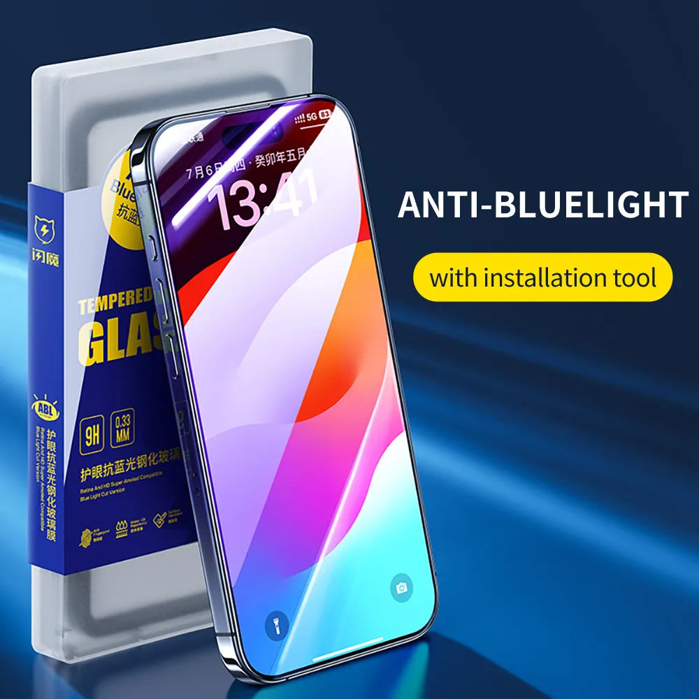 A smartphone with a colorful display rests on a SmartDevil Tempered Glass Screen Protector package for iPhone 16 Pro Max, featuring anti-blue light technology and an installation tool. The phones screen stays vibrant and vivid.