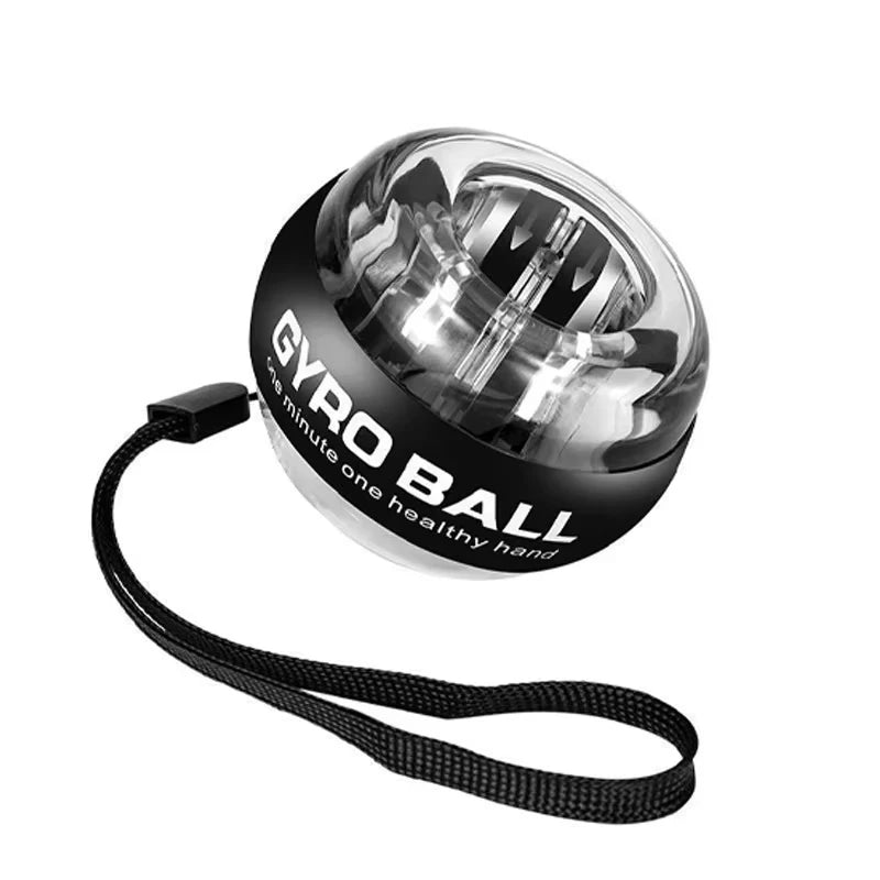 A transparent and black Gyroball Powerball boasts the inscription One minute one healthy hand, features a GYRO BALL label, includes a handy black wrist strap, and is perfect for enhancing forearm strength and hand dexterity.