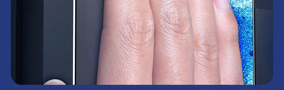 A close-up of a hand touching a smartphone screen protected by YKSPACE 2Pcs Anti Blue-Ray Tempered Glass Screen Protector, with a blue textured cloth in the background.