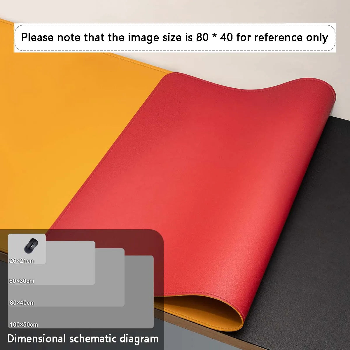 The AIPHY Large PU Leather Mouse Pad is a stylish waterproof mat in yellow, red, and black. Available from 26x21cm to 100x50cm sizes, the 80x40cm image is for reference. Its perfect for keeping your workspace chic and protected.