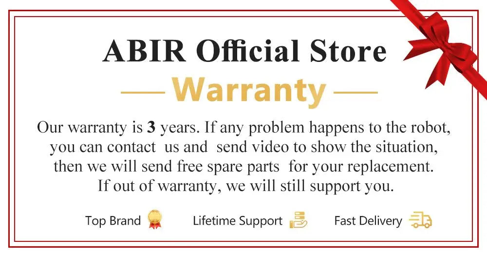 A 3-year warranty notice from ABIR Official Store features a red ribbon design, contact info, and free spare parts for your ABIR WD8 Robot Window Vacuum with smart home integration. Icons show Top Brand, Lifetime Support, and Fast Delivery.