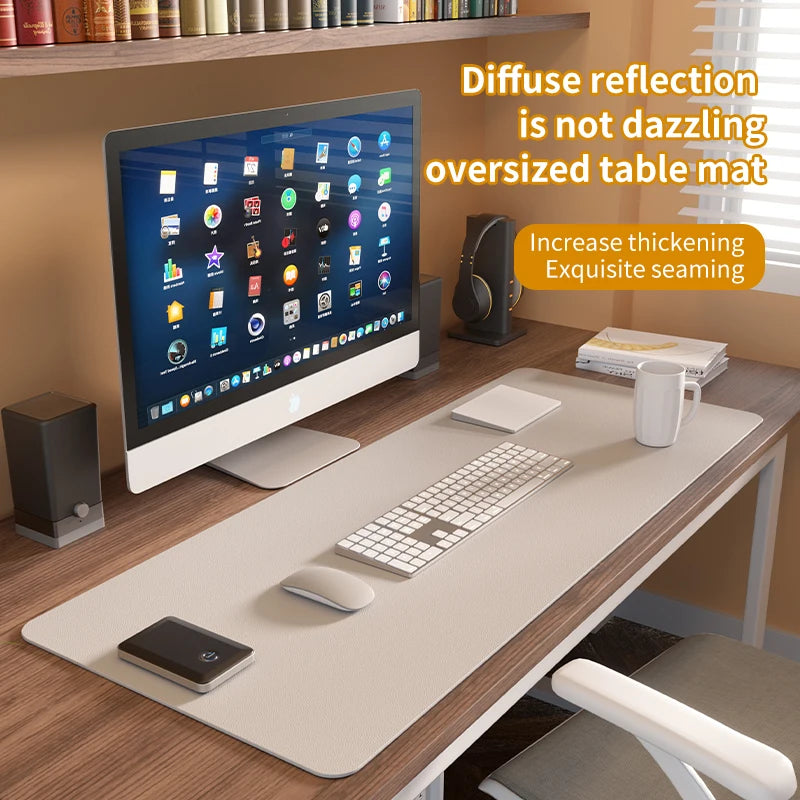 A neat desk setup includes a monitor, keyboard, mouse, smartphone, and coffee cup on an Xummen Large Mouse Pad. This waterproof PU gaming mat features exquisite seaming and a non-slip base to minimize dazzling diffuse reflection while enhancing thickening.