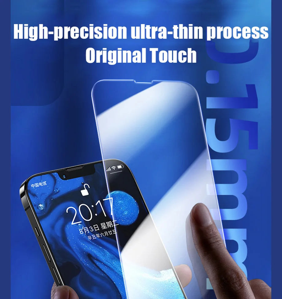 A hand applies a YKSPACE 2Pcs Anti Blue-Ray Tempered Glass Screen Protector with Eye Care Tech to a smartphone showing 20:17. Text above reads: High-precision ultra-thin process Original Touch 0.15mm.