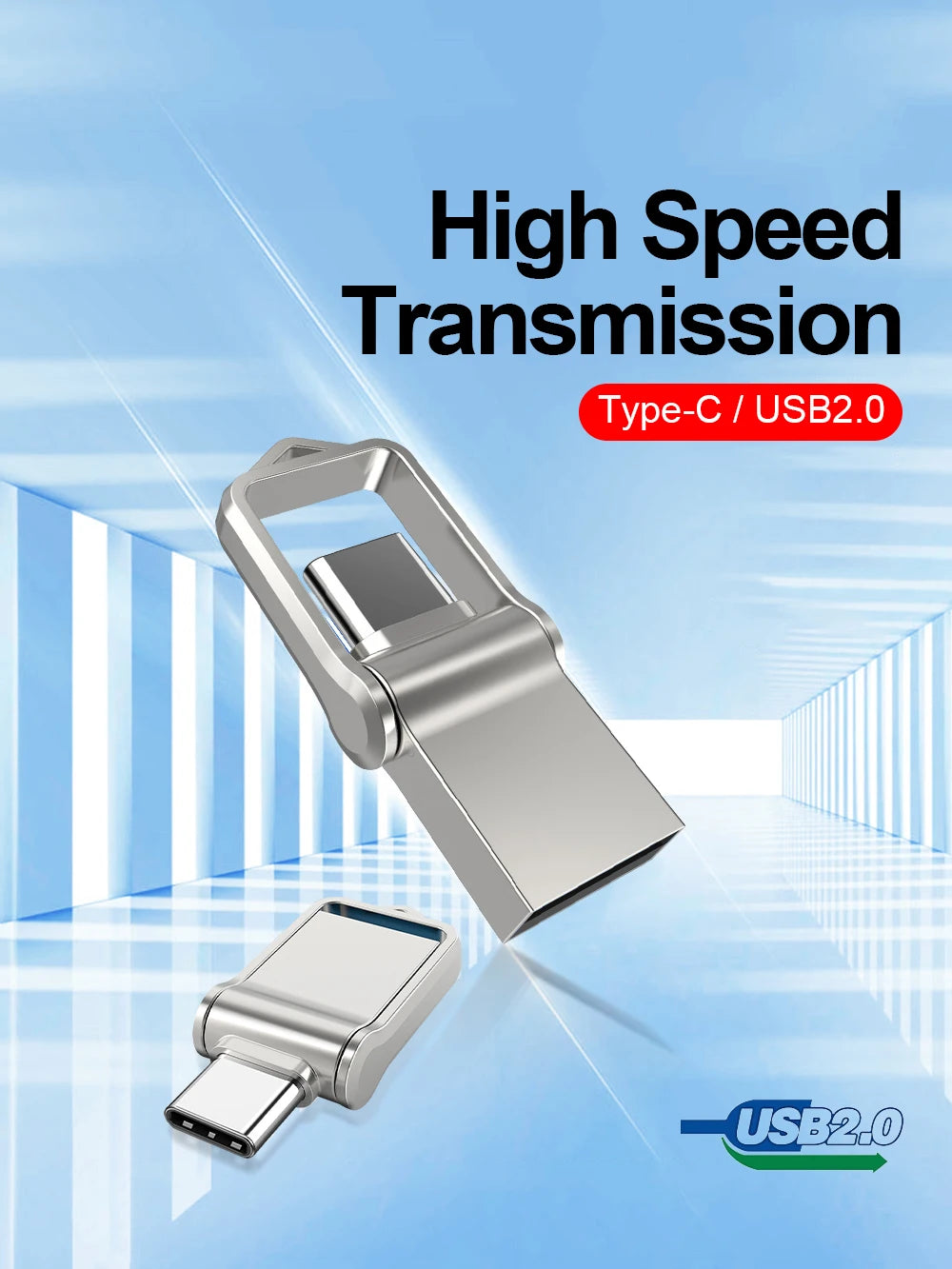 A digital ad features the MicroDrive Mini USB 2.0 Flash Drive—64GB & 32GB options—with dual Type-C and USB 2.0 connectors, reading High Speed Transmission against a blue-futuristic corridor background to emphasize its advanced data storage capabilities.