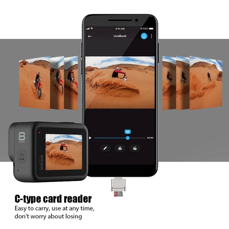 A smartphone and action camera showcase desert motocross photos, with the AICSRAD Type C to Micro-SD Adapter - Fast OTG Reader below. Text: Easy to carry, use anytime—no worries about losing your files with this OTG adapter for Type-C devices.