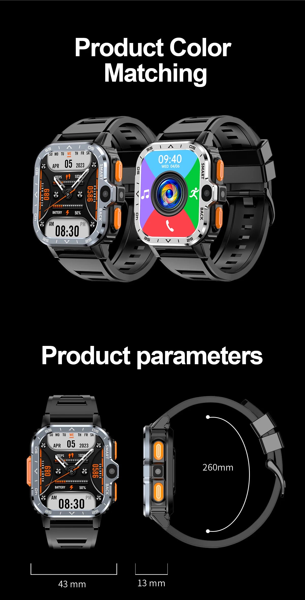 Two Valdus PGD Smart Watches for Men with black bands are shown: one has a colorful app screen, the other shows a digital clock and weather info. They feature 43mm width, 13mm thickness, and 260mm band length. Product Color Matching and parameters text displayed below describe the specs.