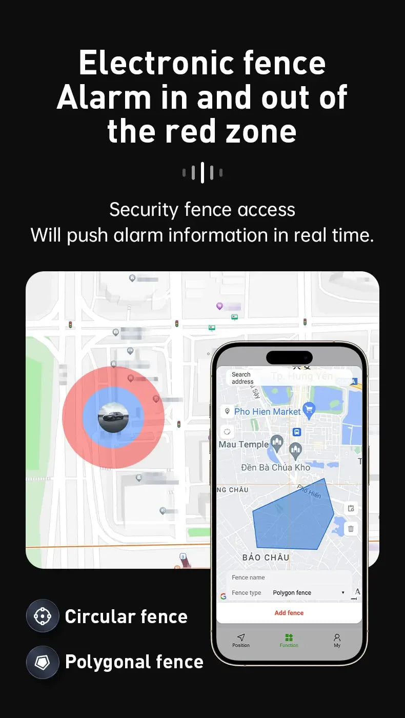 A smartphone shows a map with circular and polygonal zones from the Mini Magnetic GPS Tracker: Real-Time Pet Locator. Notifications alert you when your pet enters or leaves a zone, offering real-time alarm push updates with advanced positioning.