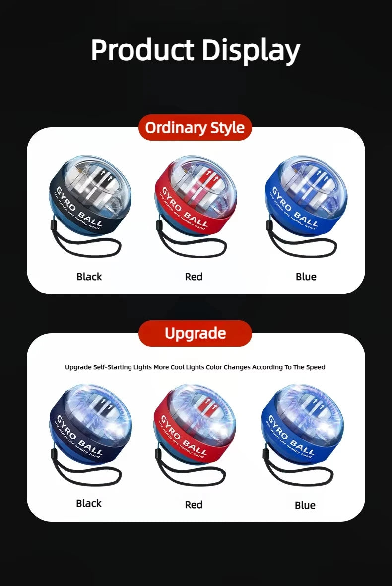 Image featuring two styles of the Gyroball Powerball Forearm Muscle Fitness Equipment. Ordinary Style on top: black, red, and blue balls for wrist power and hand dexterity. Upgrade below: self-starting balls in the same colors with lights that change color by speed.