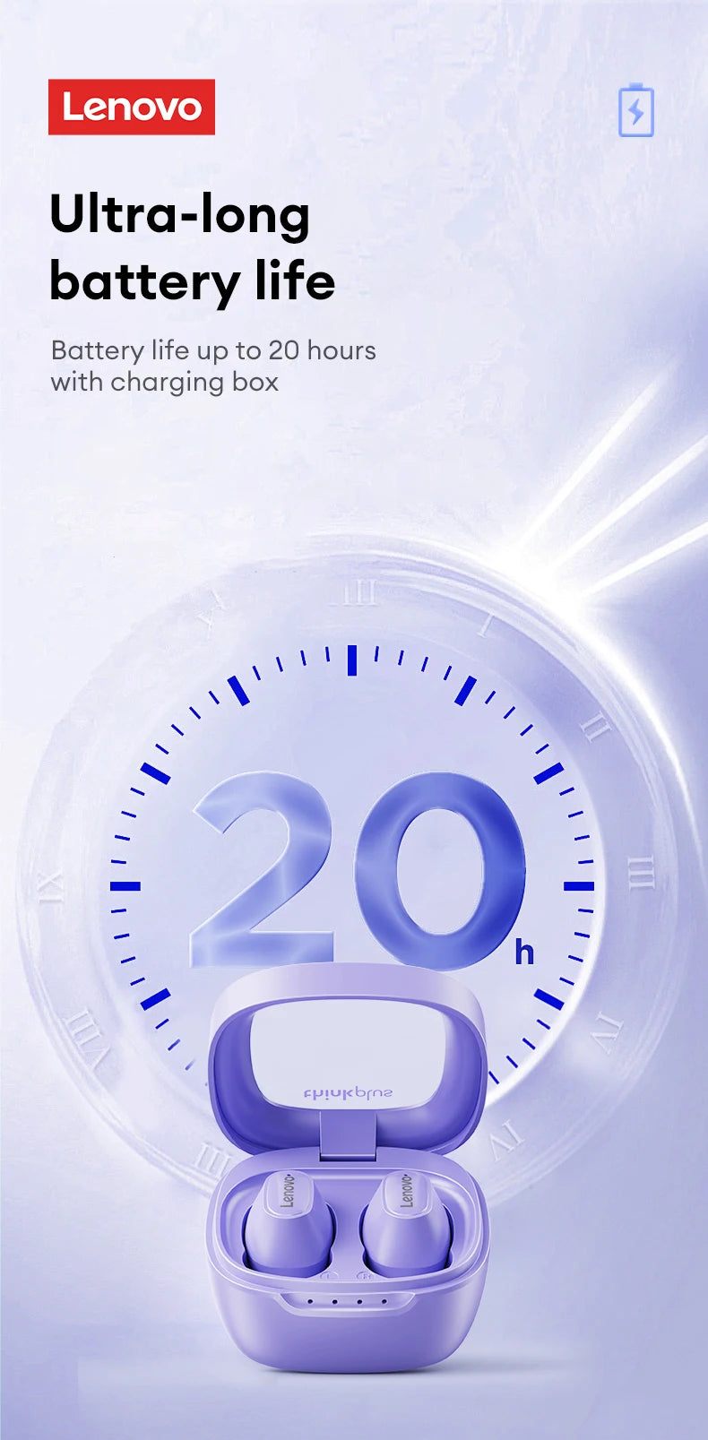 Promotional image for Lenovo XT62 Bluetooth Earphones in a purple case, showcasing ultra-long 20-hour battery life and advanced Bluetooth V5.3 connectivity. Set against a clock-like background with a battery icon for visual impact.