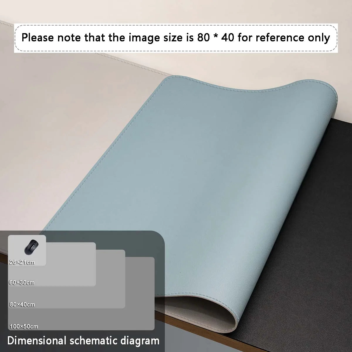 A close-up displays the AIPHY Large PU Leather Mouse Pad, a light blue waterproof mat partially rolled on a black and white surface. An insert compares various sizes: 26x21cm, 60x36cm, 80x40cm, 100x50cm. Note: image is for reference only.
