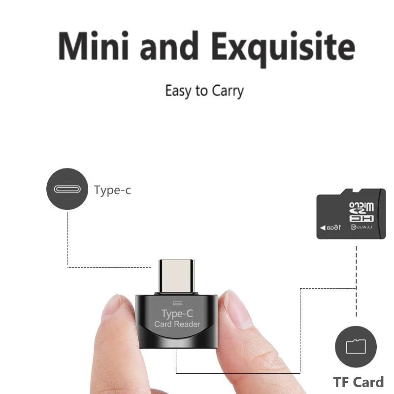 A hand holds the AICSRAD Type C to Micro-SD Adapter - Fast OTG Reader, with text highlighting its compact size and portability. Arrows show the Type-C port and TF card slot, emphasizing compatibility with Type-C devices.