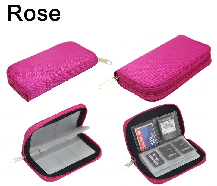 The NoEnName Memory Card Collect Bag - 22 Slot Organizer Case in Rose is a pink, water-repellent holder with plastic sleeves for SD and microSD cards, shown open and closed, offering safe and stylish storage.