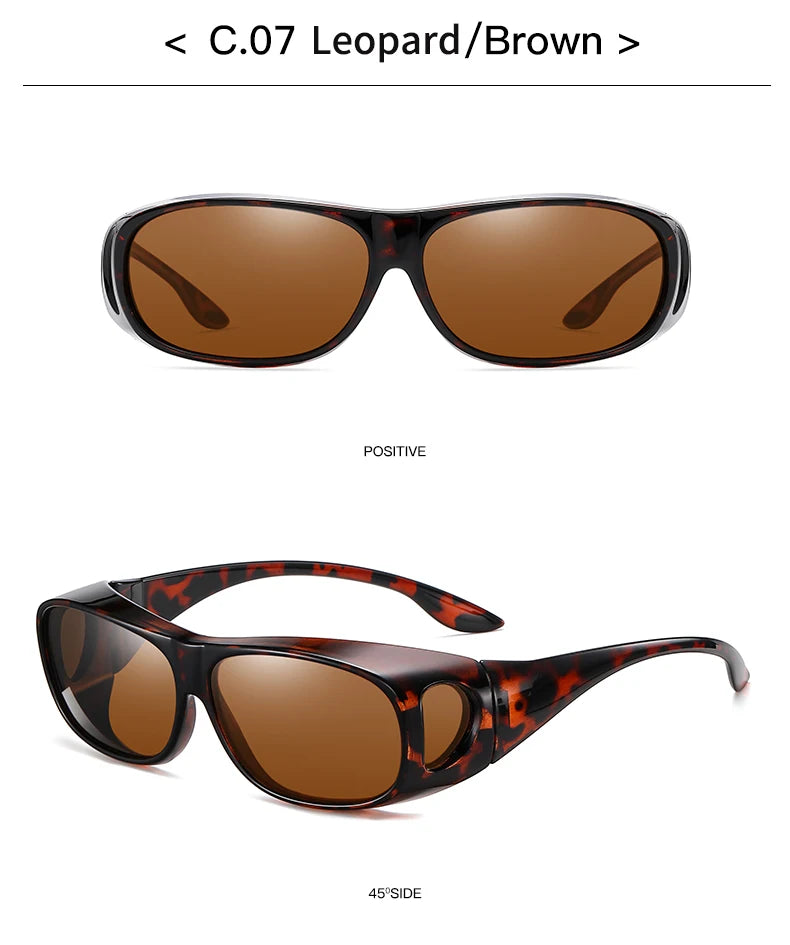 The MOKDUFF Polarized Sunglasses boast a leopard-patterned brown frame and brown lenses with UV400 protection, shown frontally on top and at a 45-degree side angle below, designed to comfortably fit over glasses.