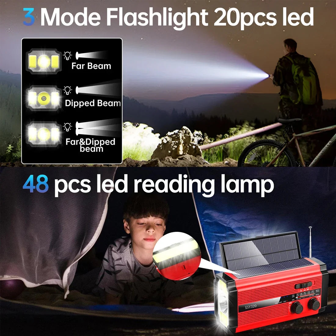 Split image: Top features someone using the LED flashlight of the Woopker 5000mAh Emergency Radio in Far, Dipped, and Combined Beam modes outside at night. Bottom shows a child reading in a tent with cozy light from an LED lamp next to a Woopker radio that doubles as a solar hand crank.