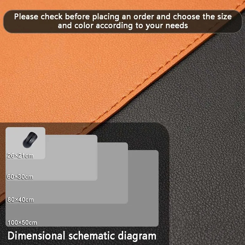 Close-up of the AIPHY Large PU Leather Mouse Pad, showcasing its stylish waterproof surface with black and orange sections. Illustrations indicate dimensions: 26x21cm, 60x30cm, 80x40cm, and 100x50cm. Check size and color before ordering.