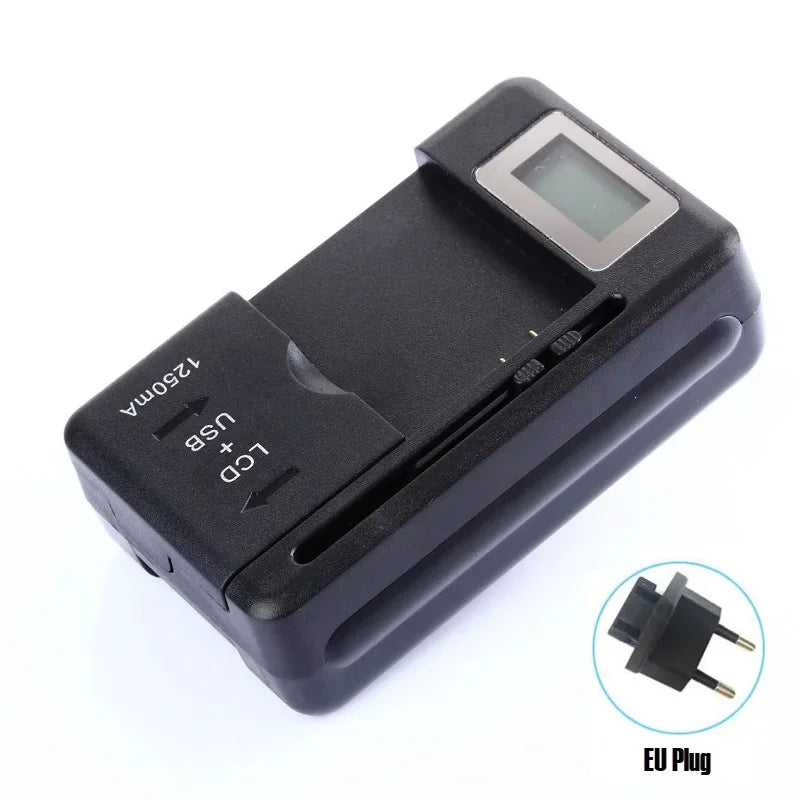 The YIBOYUAN Universal USB Battery Charger features an LCD indicator with a 1250mA output, an adjustable slot for compatibility with different battery sizes, and a detachable EU plug adapter marked by a blue circle.