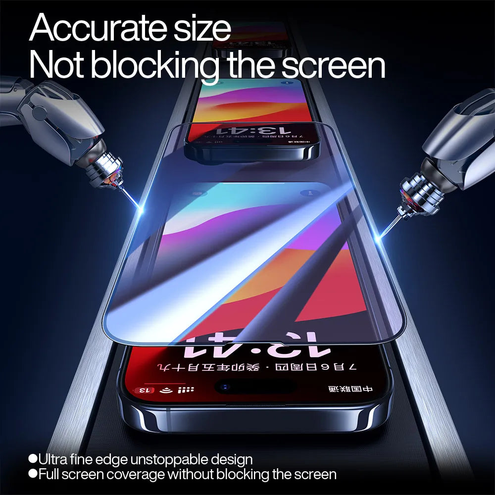 A close-up shows robotic arms applying the SmartDevil Tempered Glass Screen Protector for iPhone 16 Pro Max. The screen displays colorful graphics with text above stating accurate size, no screen blockage, anti-blue light technology, and product features.