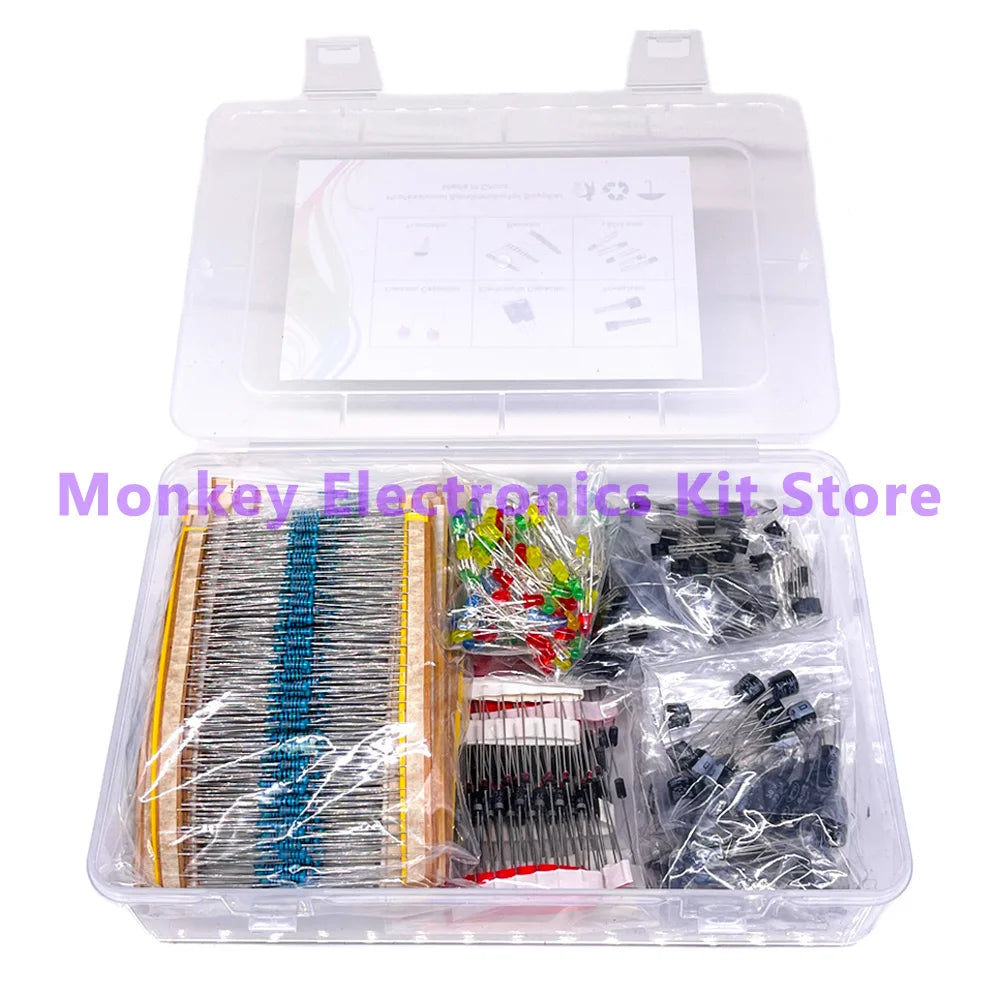 The NoEnName_Null 6-in-1 Component Kit for Mobile Repairs, available from Monkey Electronics Kit Store, includes a clear plastic organizer with compartments to neatly hold a variety of electronic components like resistors, LEDs, capacitors, and transistors in separate bags.