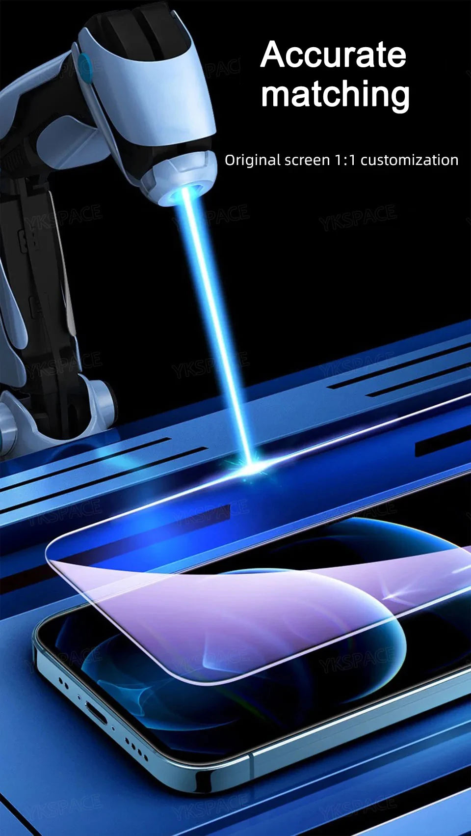 A robotic arm uses a laser to position the YKSPACE 2Pcs Anti Blue-Ray Tempered Glass Screen Protector precisely over a smartphone. Text reads, Accurate matching. Original screen 1:1 customization with Eye Care Technology. The background is blue and black.