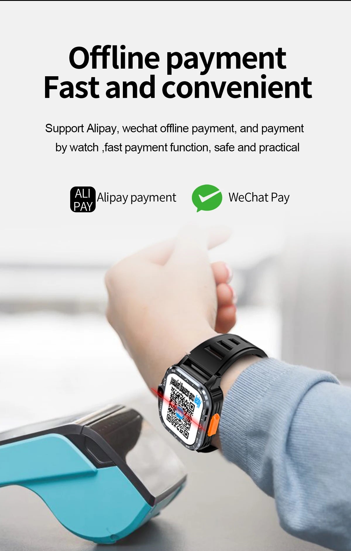 A man with a Valdus PGD Smart Watch for Men places his wrist above a payment terminal. The smartwatch screen shows a QR code, and text above presents offline payment options like Alipay and WeChat Pay, showcasing the speed and convenience of this 4G dual-camera wearable.