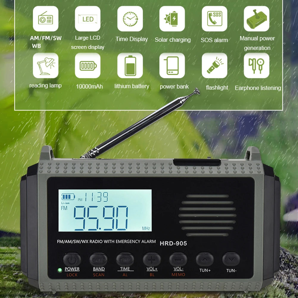 The APWIKOGER 10,000mAh Solar Hand Crank Emergency Radio is crucial for emergencies, offering AM/FM/SW/WX bands with a digital display at 95.9 MHz. It features a large LCD, solar charging, SOS alarm, and flashlight. Intuitive icons support buttons for power, tuning, volume, and band selection.