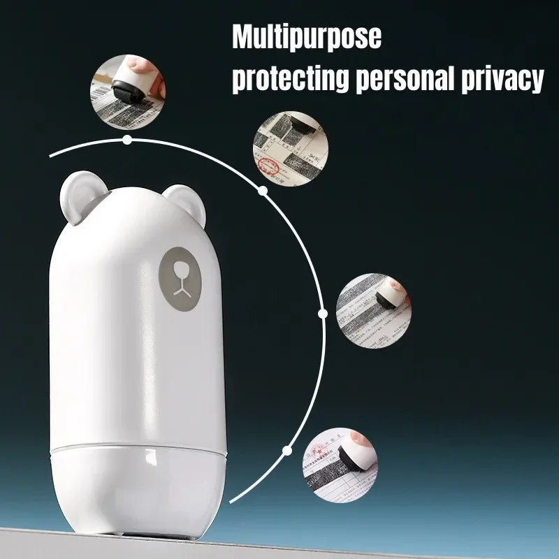 The NoEnName Roller Stamp - Quick Drying Privacy Seal, shaped like a white bear, is shown redacting text on documents. Inset images demonstrate its use. Text reads: Multipurpose protecting personal privacy. Enjoy quick drying and free shipping!.