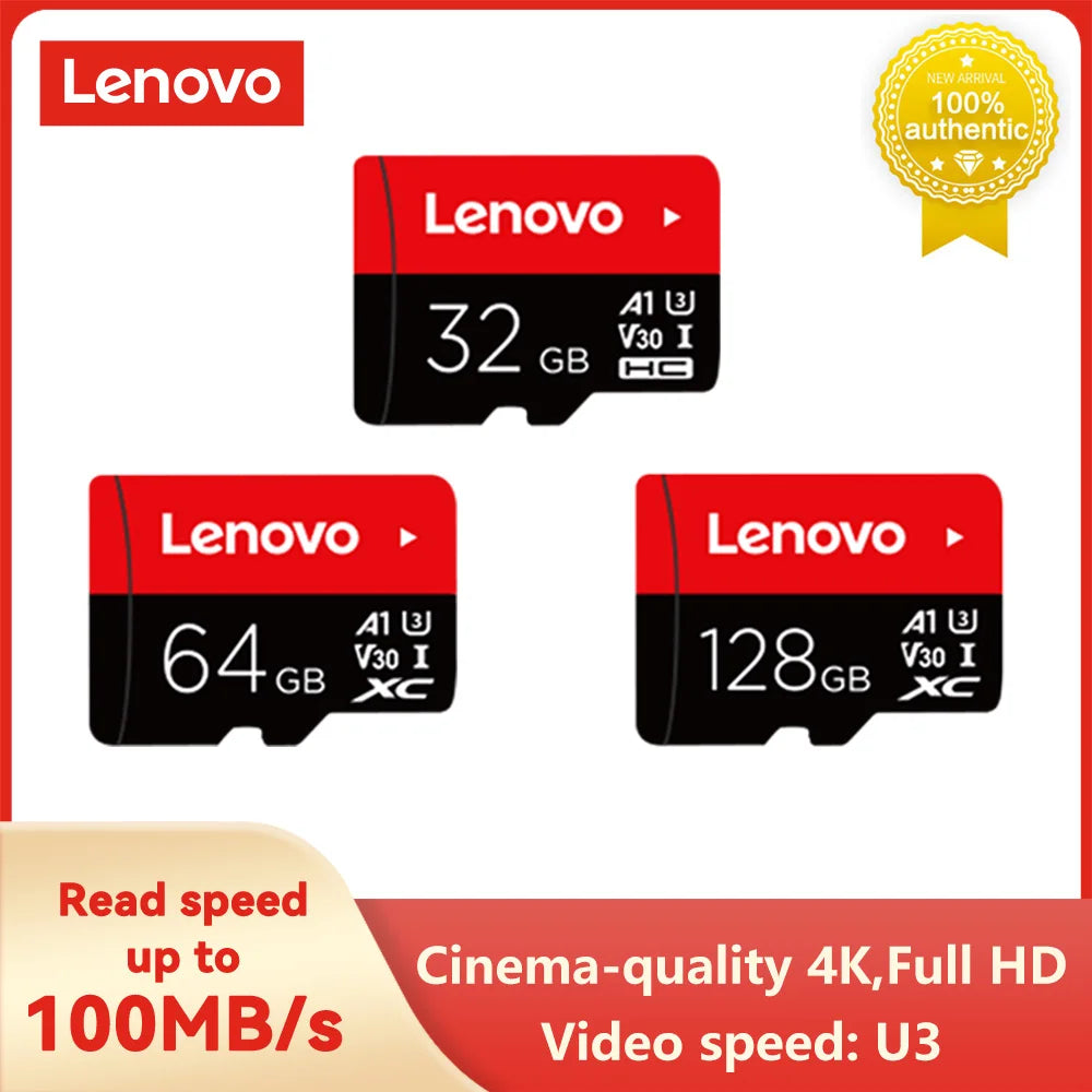 Image of three Lenovo microSD cards, including the Lenovo 128GB Micro TF Card with a fast 100MB/s read speed, offering capacities of 32GB, 64GB, and 128GB. Supports cinema-quality 4K video with U3, A1, V30 specs; markings: I, X2, HC prominently displayed.