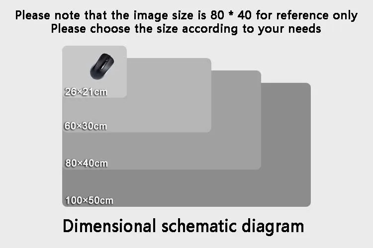 The schematic shows four rectangle sizes: 26x21cm, 60x30cm, 80x40cm, and 100x50cm. An AIPHY Large PU Leather Mouse Pad fits on the 26x21cm size. Choose the Desk Mat to match your needs for a stylish yet functional workspace.