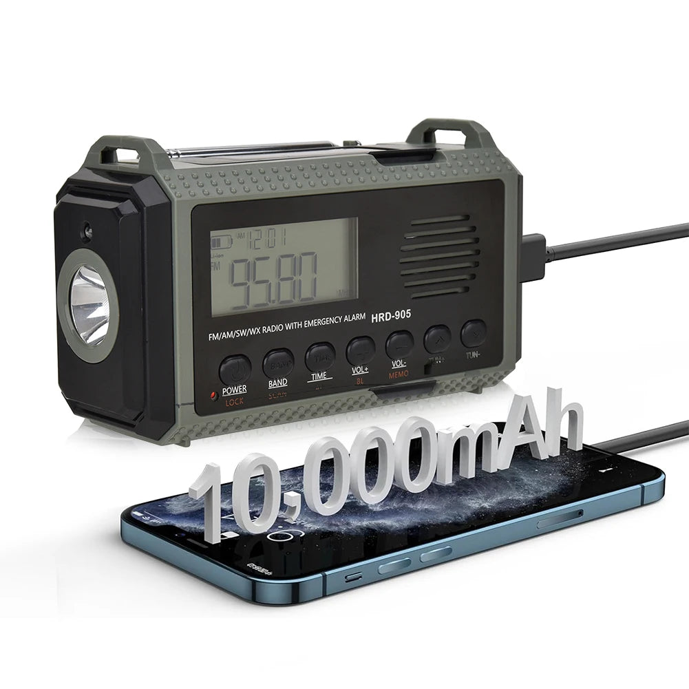 The APWIKOGER 10,000mAh Solar Hand Crank Emergency Radio, in green, features a digital display and connects to smartphones via cable, offering convenient buttons and a flashlight for emergency preparedness.