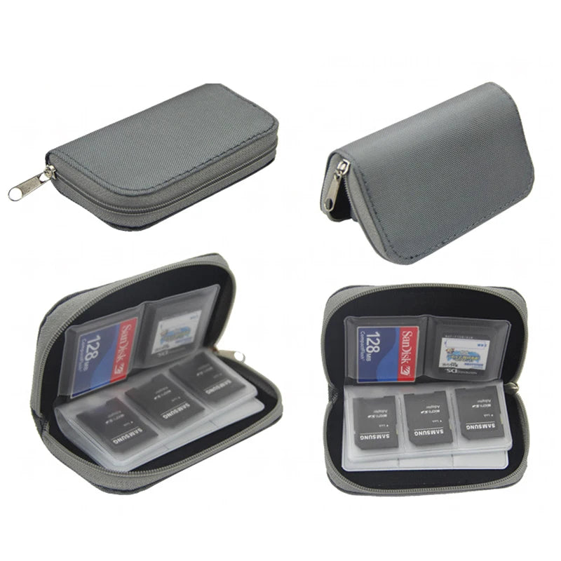 The NoEnName Memory Card Collect Bag - 22 Slot Organizer Case is shown in gray, closed and open to display its water-repellent design, with multiple SD and microSD cards organized in clear pockets.