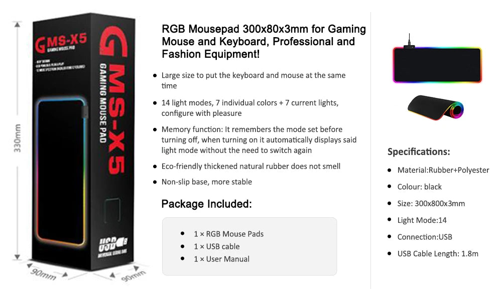 The Ziyoulang Large Mouse Pad, measuring 800x300mm, comes in a sleek black box with bold red lettering. It features stitched edges, water resistance, eco-friendly design, and offers 14 light modes with USB connectivity.