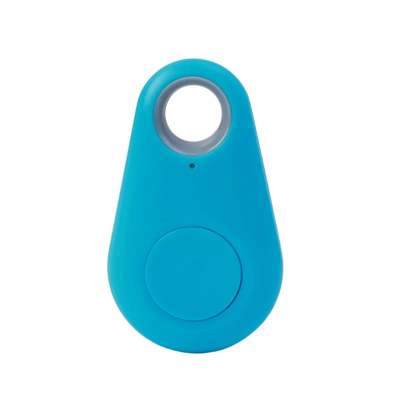 A teardrop-shaped, blue Mini Smart Bluetooth Tracker for pets features a central circular button and a top hole for keychain attachment. This real-time GPS locator ensures you never lose track of your belongings.