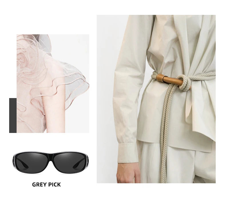 A collage showcasing sheer ruffled fabric, a minimalist off-white outfit with a knotted rope belt, and sleek black MOKDUFF Polarized Sunglasses labeled GREY PICK with UV400 protection.